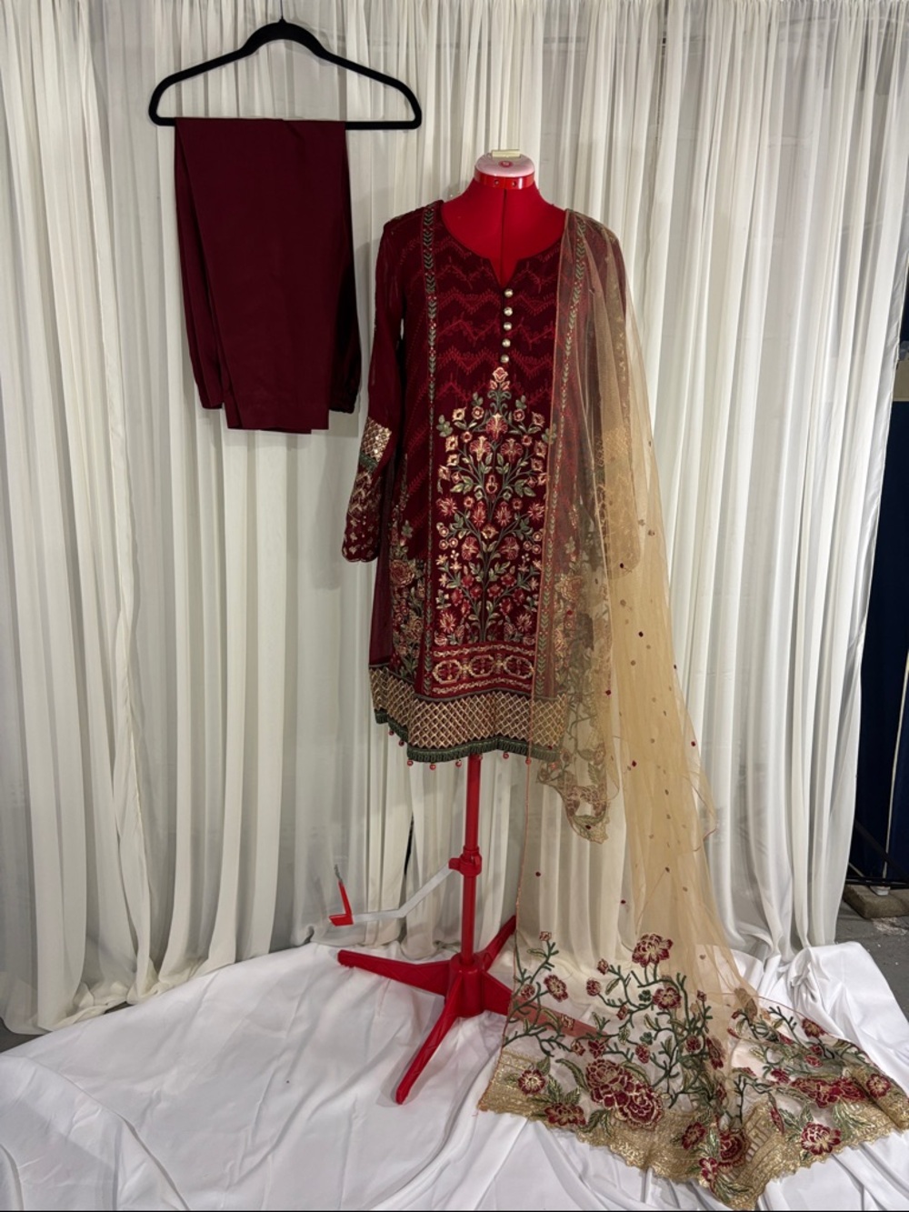 Embroidered Maroon & Gold Pakistani Salwar Kameez with Dupatta